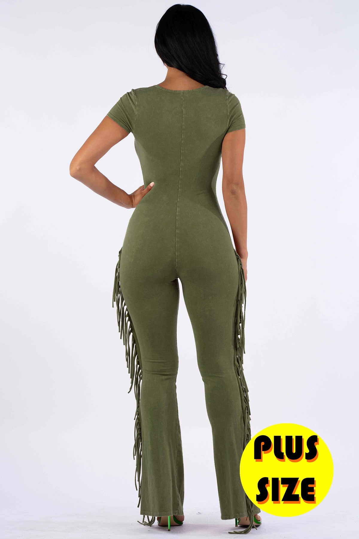 Plus Size Boho Fringe Jumpsuit – Olive