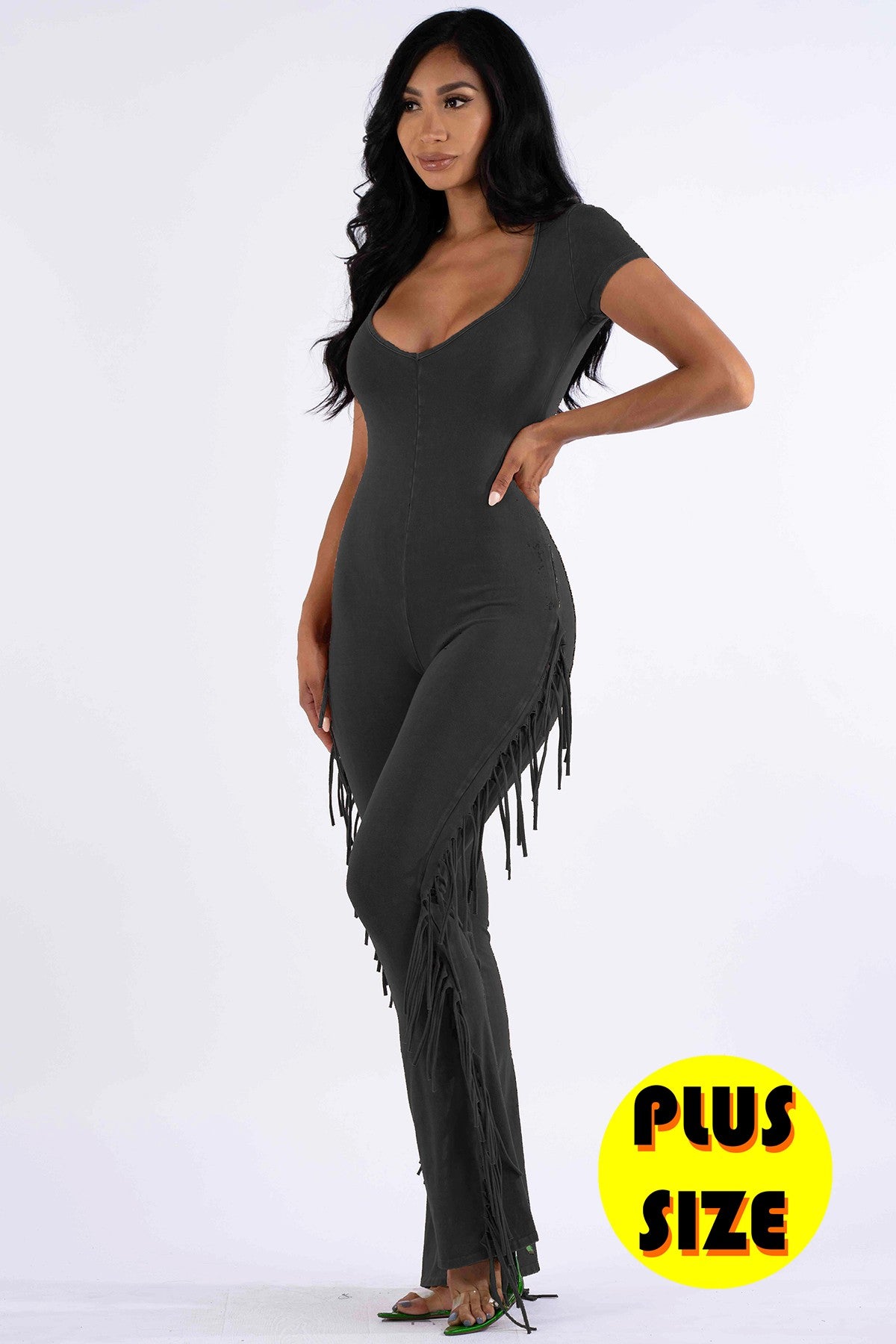 Plus Size Boho Fringe Jumpsuit – Olive