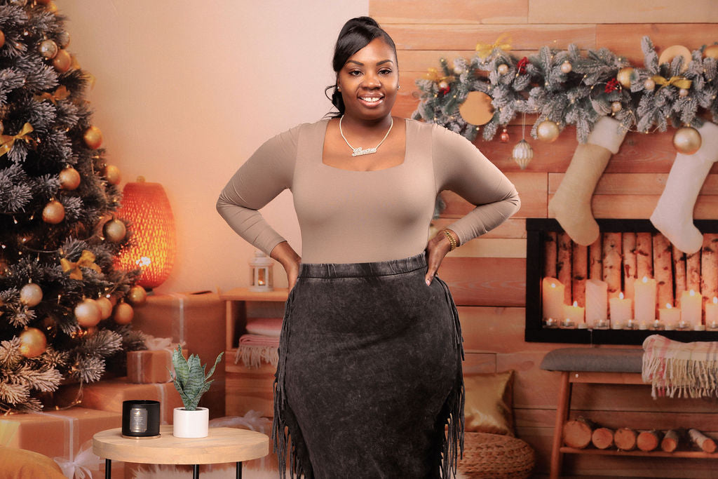 Plus Size Mineral Washed Fringe Skirt (Charcoal)