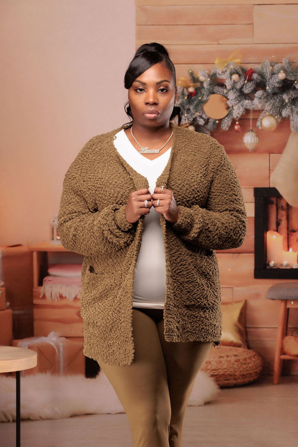 Plus Size Cardigan Sweater (Olive)