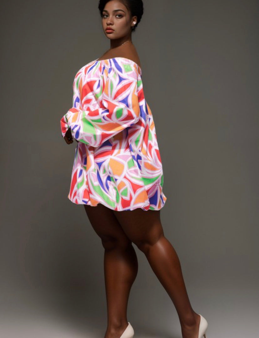 Plus Size Off-The-Shoulder Bubble Mini Dress – Pink Multi Print