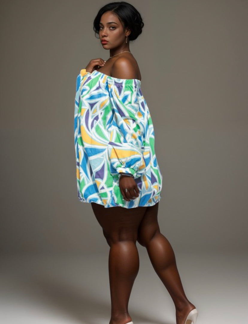 Plus Size Off-The-Shoulder Bubble Mini Dress – Blue Multi Print