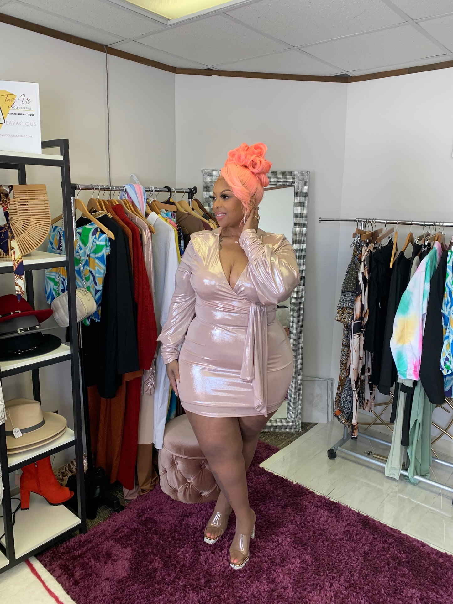 Plus Size Metallic Foil Party Dress – V-Neck with Waist Tie