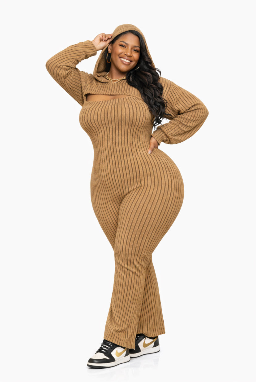 The “Boss Curve” 2-Piece Hooded Bell Bottom Jumpsuit Made to snatch, stretch, and MOVE with your curves
