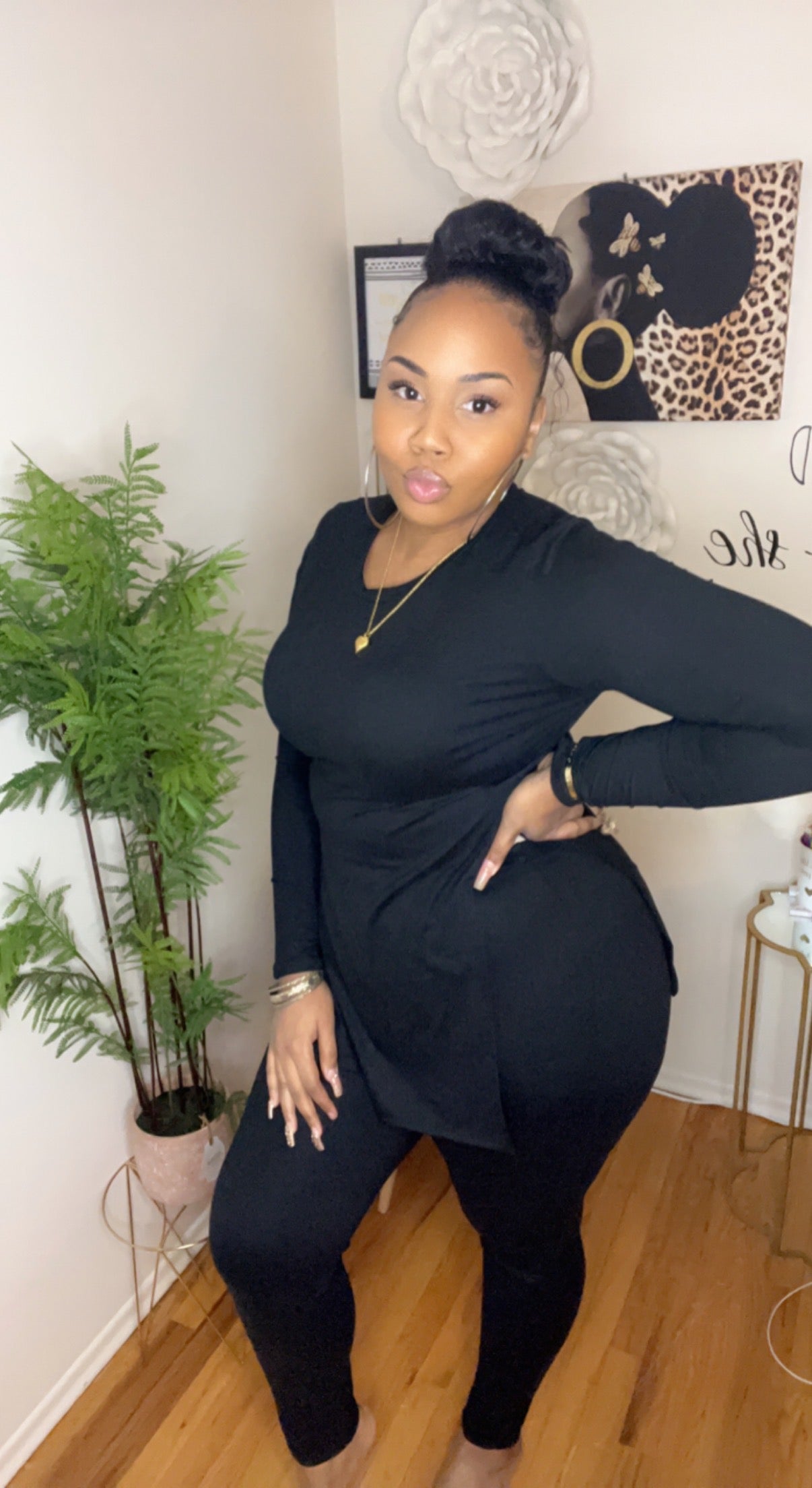 Black Plus Size 2 Piece Legging Set – Slit-Side Long Sleeve Top & Leggings
