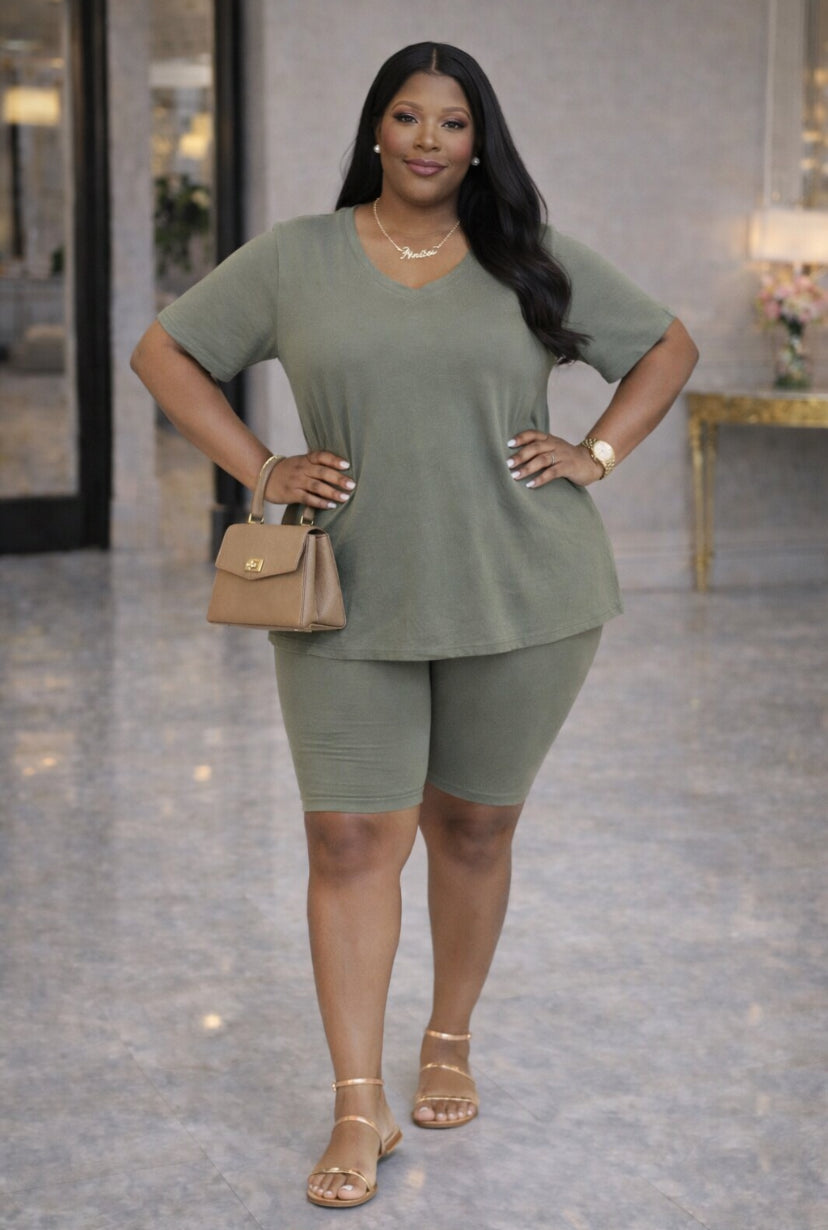 Everyday Comfort Plus Size Biker Short Set – Olive Green Lounge Wear