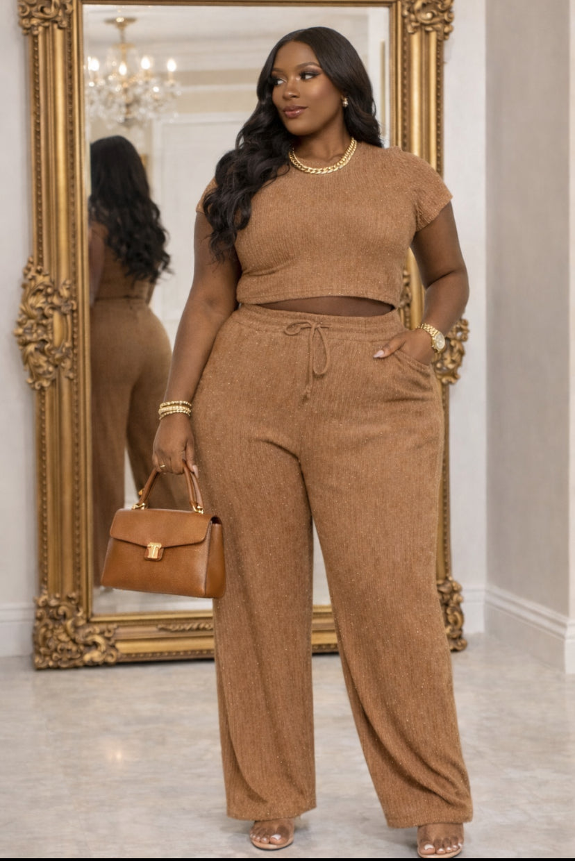 Curvy Luxe Embellished Two-Piece Pants Set (Mocha • Black • Rust • Olive)