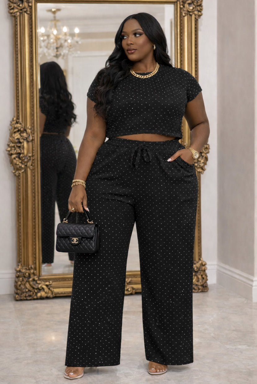 Curvy Luxe Embellished Two-Piece Pants Set (Mocha • Black • Rust • Olive)