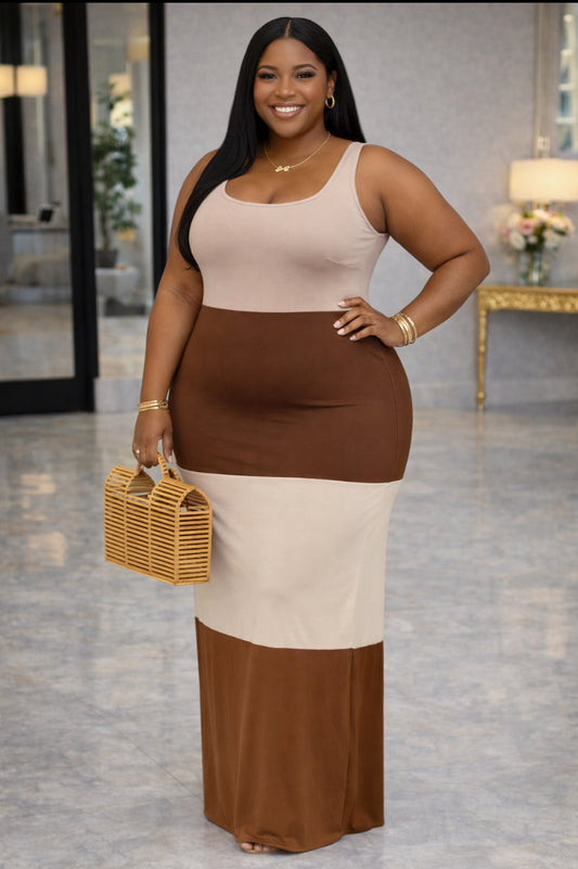 Plus Size Color Block Maxi Dress – Mocha Combo | Sleeveless Scoop Neck