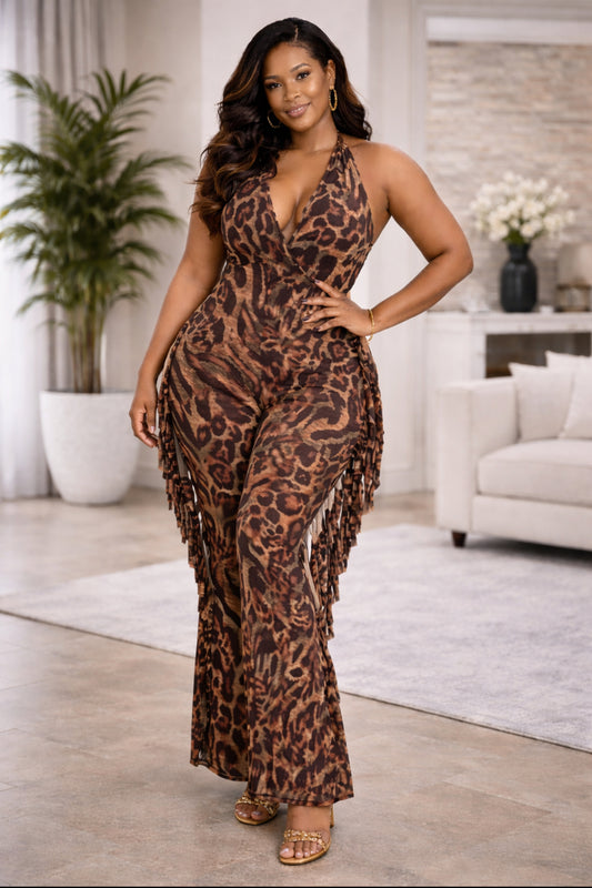 Plus Size Leopard Fringe Halter Jumpsuit