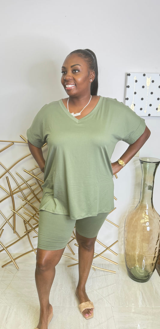 Everyday Comfort Plus Size Biker Short Set – Olive Green Lounge Wear