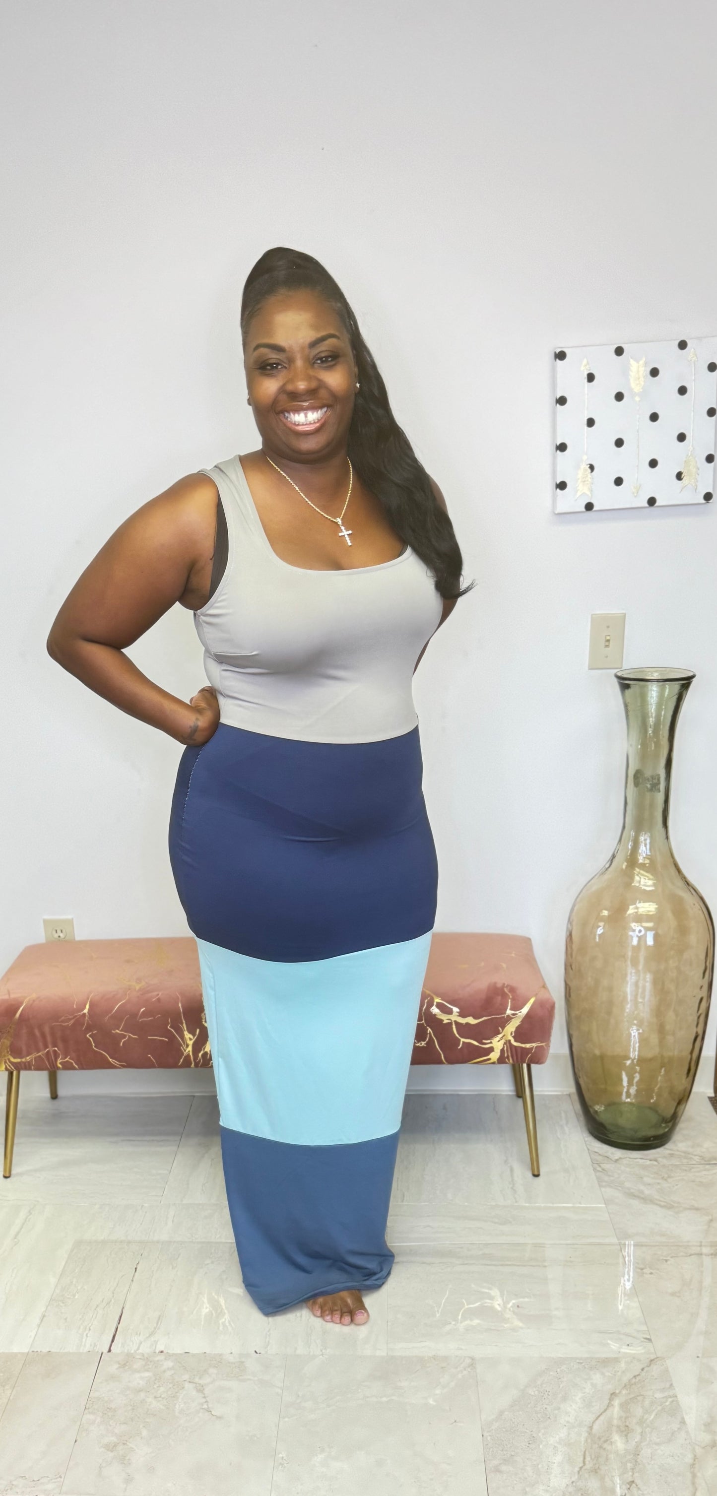 Plus Size Color Block Maxi Dress – Blue Combo | Sleeveless Scoop Neck