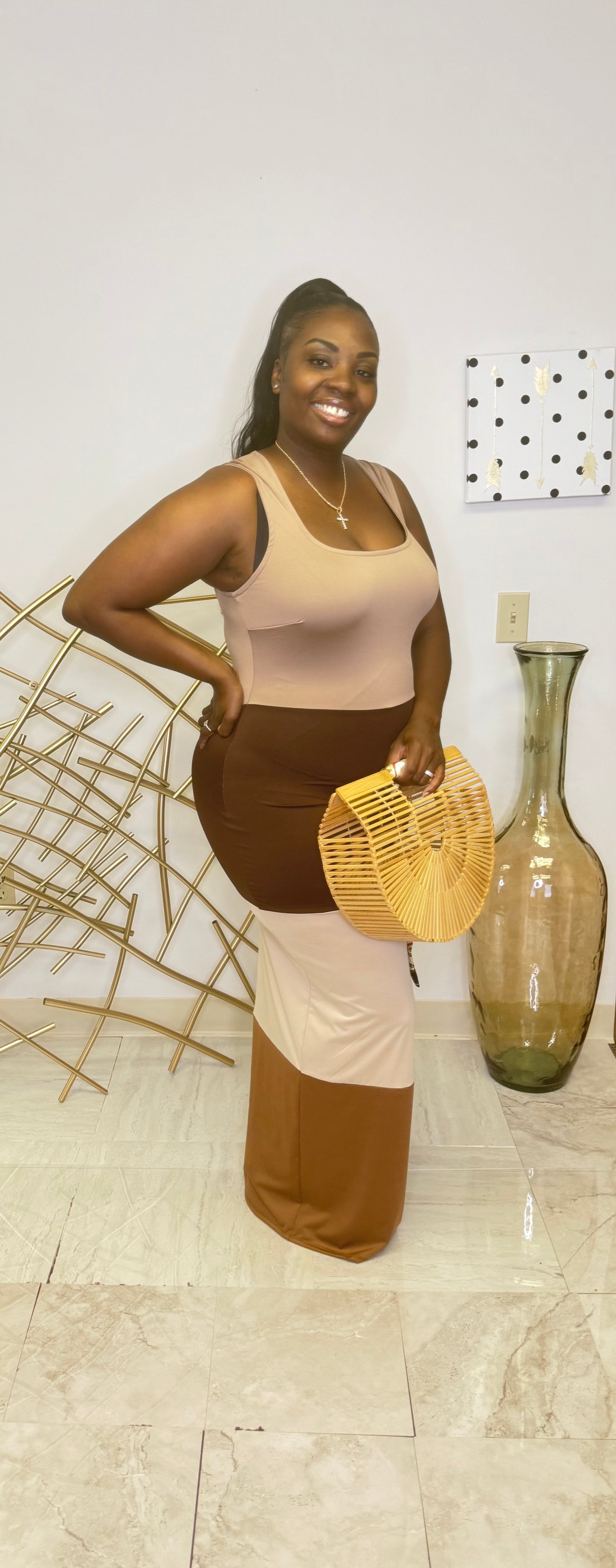 Plus Size Color Block Maxi Dress – Mocha Combo | Sleeveless Scoop Neck