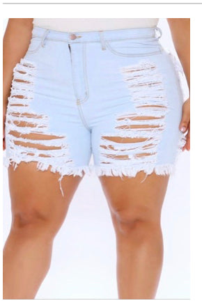 Plus Size High Rise Distressed Denim Shorts – Red, Dark Blue & Light Blue