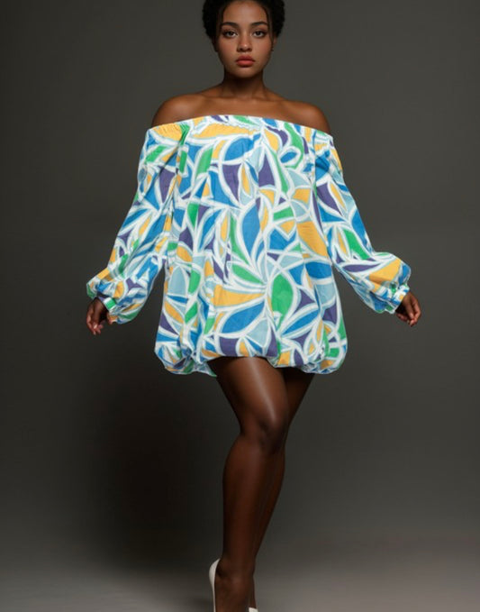 Plus Size Off-The-Shoulder Bubble Mini Dress – Blue Multi Print