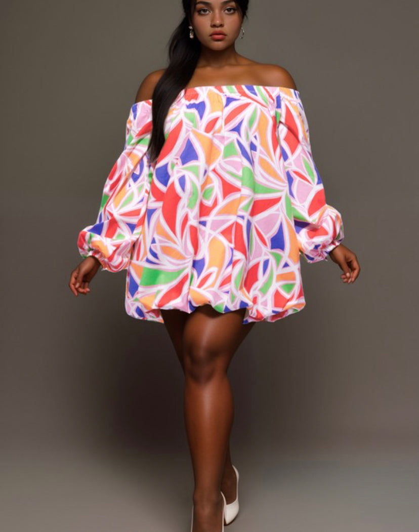 Plus Size Off-The-Shoulder Bubble Mini Dress – Pink Multi Print