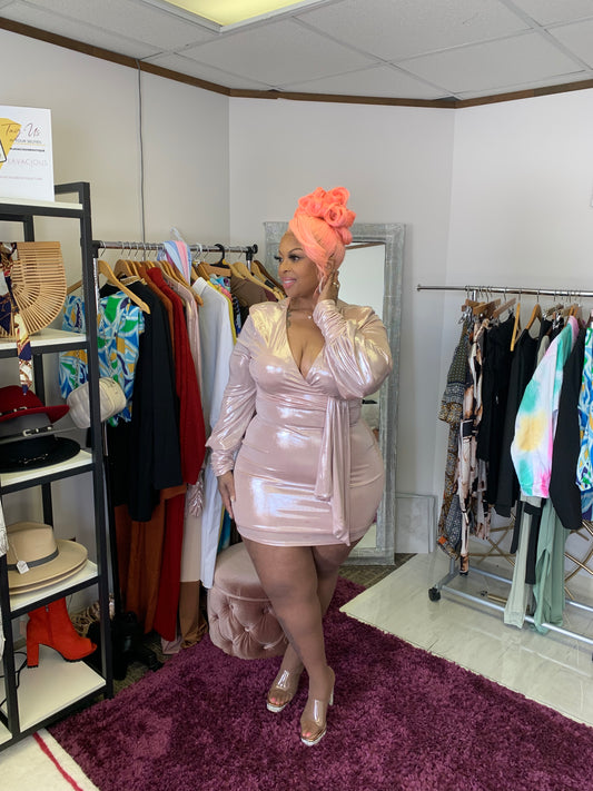Plus Size Metallic Foil Party Dress – V-Neck with Waist Tie