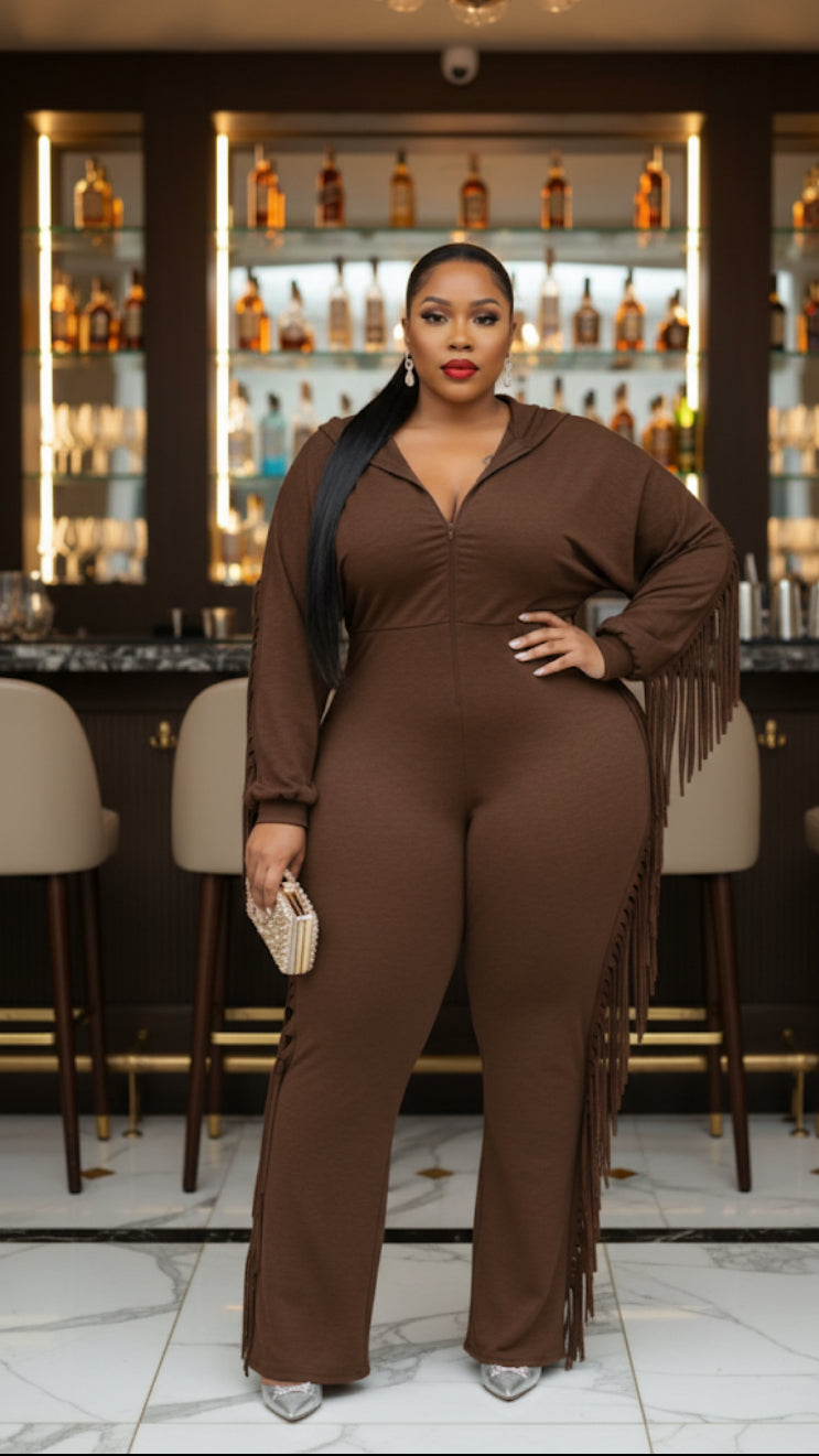Plus Size Hooded Fringe Jumpsuit – Zip Up & Slay All Day ✨