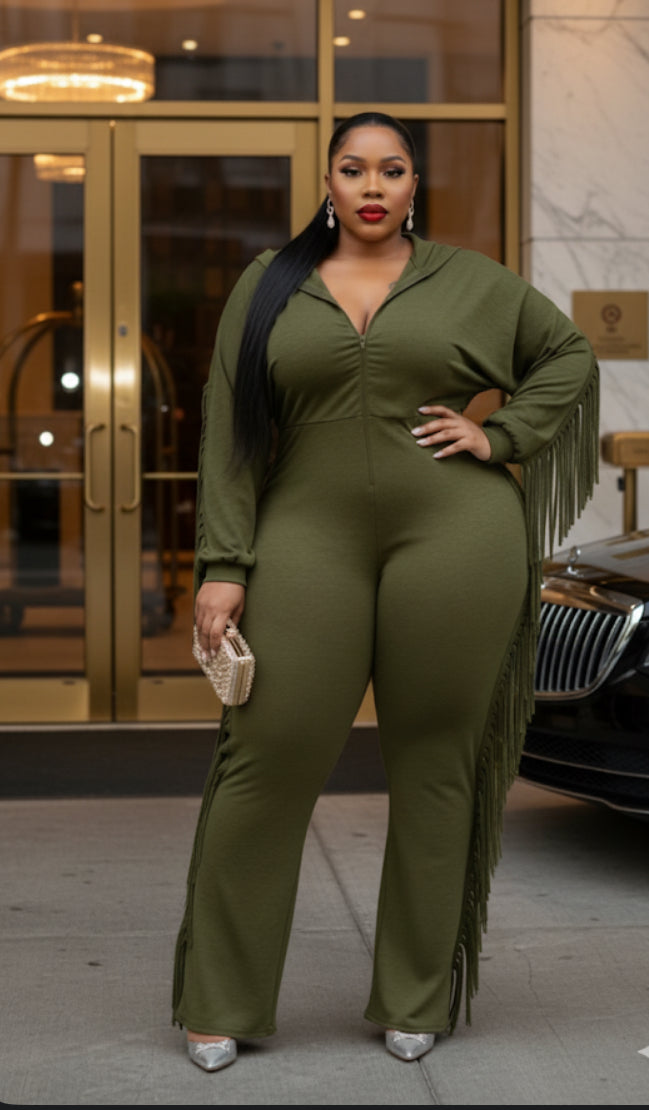 Plus Size Hooded Fringe Jumpsuit – Zip Up & Slay All Day ✨