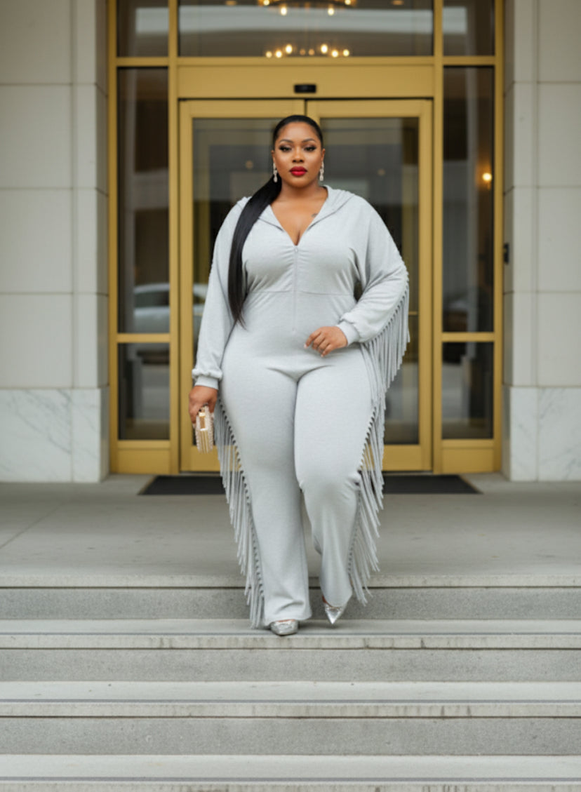 Plus Size Hooded Fringe Jumpsuit – Zip Up & Slay All Day ✨