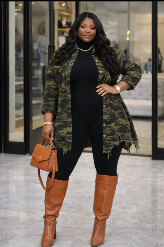 Plus Size Distressed Denim Shirt Jacket – Camo Wash (Pre-Order)