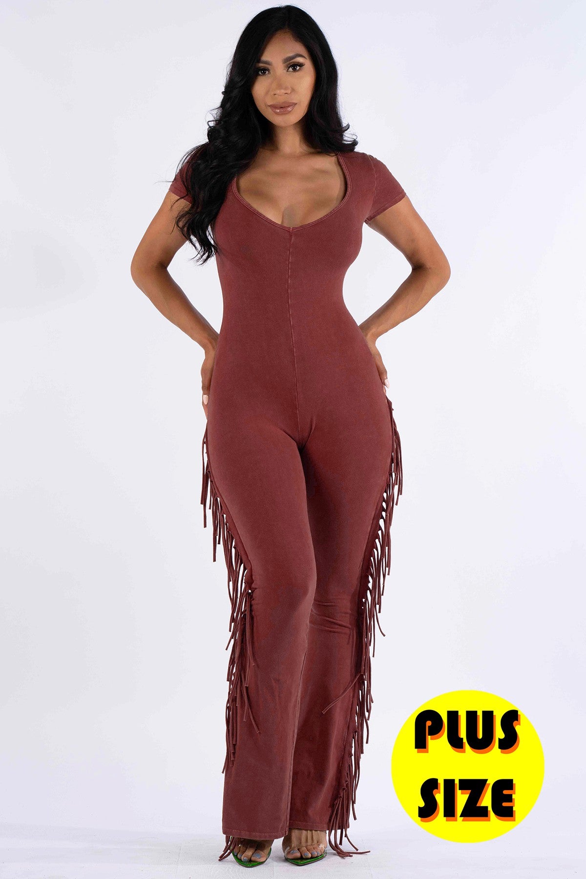 Plus Size Boho Fringe Jumpsuit – Olive